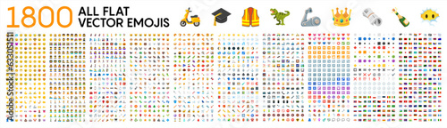 All type of emojis, stickers, emoticons flat vector symbols. All world countries flags, Hands, man, woman, workers, fruit drinks food house, animals, activity, sport icons, collection, vector 10 eps.