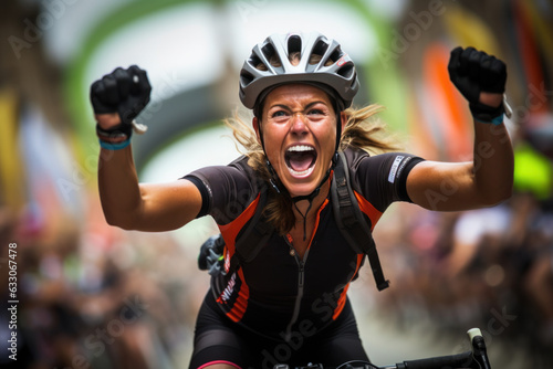 femme cycliste vistorieuse à l'arrivée d'une course sur son vélo lors d'une course de cyclisme ou d'un triathlon