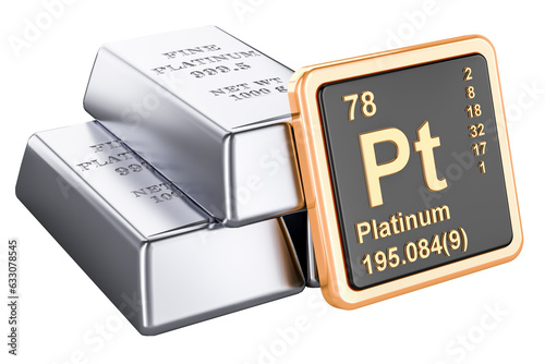 Platinum ingots with chemical element icon Platinum Pt, 3D rendering isolated on transparent background
