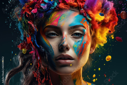 Artwork depicts a stunning woman with vibrant colors adorning her face, which adds to her already captivating beauty. Generative AI, AI.