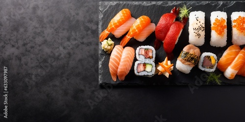 sushi rolls with rice and fish, soy sauce on a dark stone background
