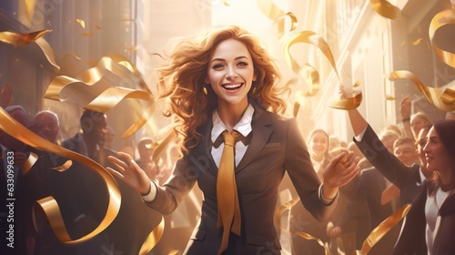 A successful female office worker is happy and celebrates for her success and achievement with cheering ccollegues in the background. Generative AI