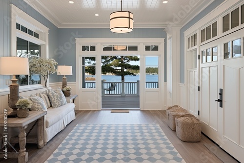 A spacious and expansive entrance hall with a wide open interior front door, complete with a transom window above it. The hallway is adorned with a hanging light fixture that adds a coastal touch to