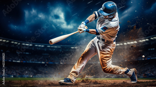 Baseball player in action on the stadium at night.