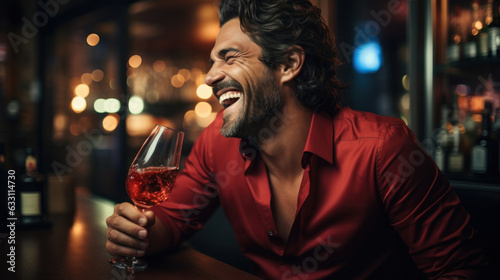 Cheerful man in red silk shirt with a glass of wine. Easy rider guy gigolo macho.