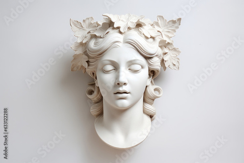 Antique roman greek white marble gypsum bust of woman with grape leaves in hair on light background. Culture history concept