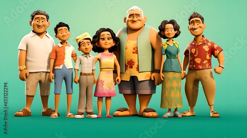 A fun group of people, cartoon avatars of virtual Pacific islanders of different generations and ages together