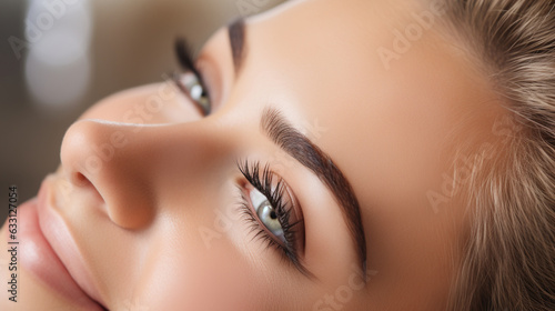 The camera captures a woman's joyful expression as she experiences the thrill of a lash extension procedure, her eyes framed by voluminous, fluttering lashes that enhance her natur 
