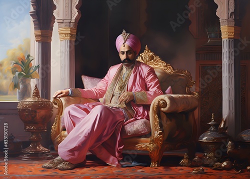 An oil painting of a Hindu maharaja. A king seated on his throne, Inspired by historical Indian emperors. Generative AI.