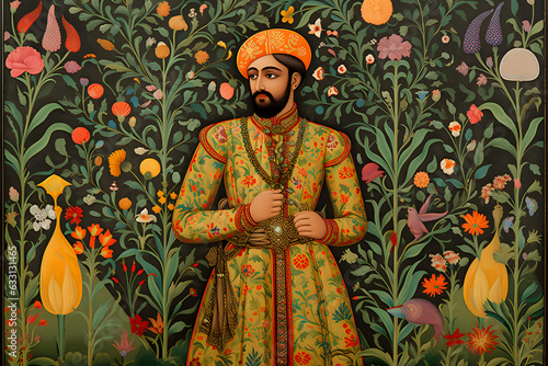 Illustration of a Prince in the Mughal Era Style: Man in Traditional Indian Attire with Decorative Elements, Inspired by the Mughal Dynasty. Generative Ai.