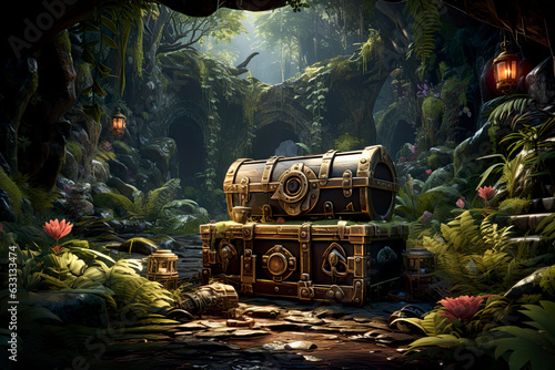 Background environment of hidden treasure chest behind 3D abstract tropical waterfall for adventure mobile game. Treasure chest cartoon style in game art background environment.