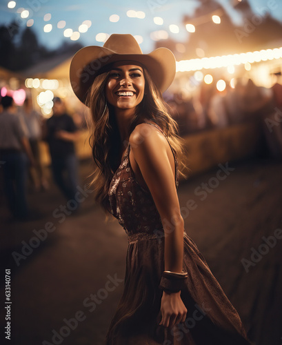 Beautiful cowgirl at the open air Rodeo festival at night