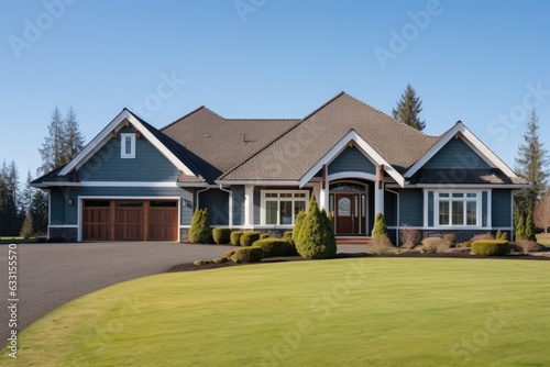 This elegant house sits on a large piece of land with well maintained green grass, under a clear blue sky. The house is adorned with a yellow paint, a round shape, and a three car garage. The entrance