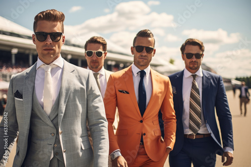 A portrait of a group of stylishly dressed men in the center of the racetrack admiring the race.