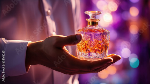 The perfumer holding up a finished bottle of highend perfume with a warm shining background that brings out the vibrant colors of