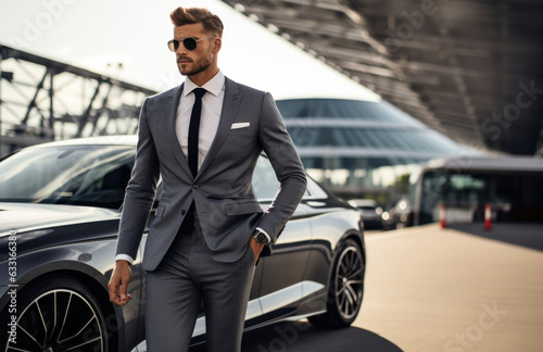 A portrait of a man in a designer suit stepping out of a luxury car after taking a successful test drive on a professional race track.