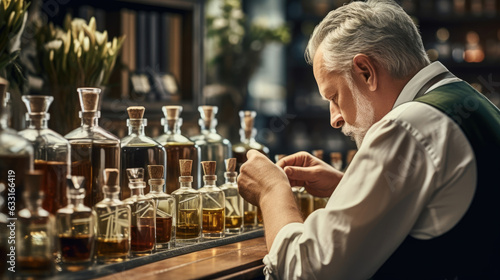 A shot from behind with the perfumer looking into the beaker intently carefully selecting the perfect combination of oils and fragrances