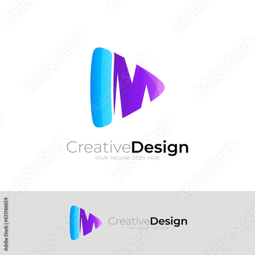 Play logo and letter M design combination, audio icons, blue color