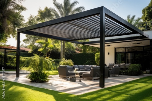 A fashionable and modern outdoor structure designed to provide shade in a patio area, such as a pergola or awning, along with a roof to cover the space. It includes a comfortable seating area