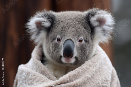a koala wearing a winter scarf