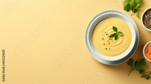 Top view cheese cream soup in a cup with herbs on yellow background, banner with copy space