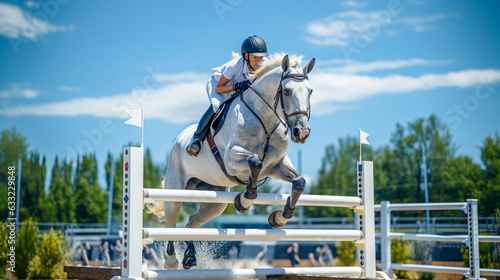 white horse with rider jumps over obstacle in show jump