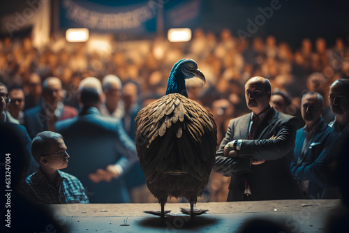 Turkey, poultry, chicken candidate speaks stage rostrum, agitating to vote for team, crowd voters against. Election campaign ahead elections authorities. Generative AI