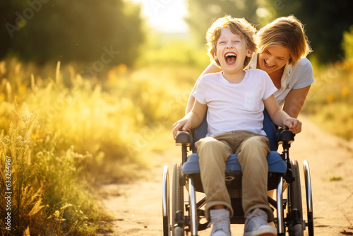 A mother with an incapacitated boy in a wheelchair walking in nature. Rehabilitation period, text space