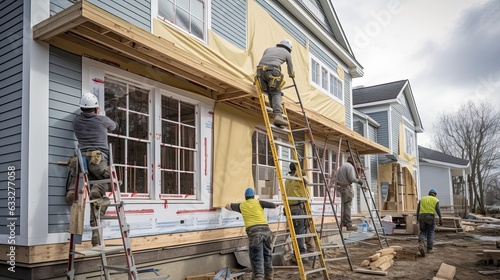 Builders skillfully installing exterior siding and meticulously placing trim on a house, combining functionality and design to create a well-insulated. Generated by AI.