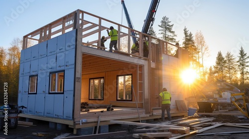 Construction progress as a skilled crew assembles a prefabricated metal building with precision, each segment seamlessly merging to shape a resilient structure. Generated by AI.
