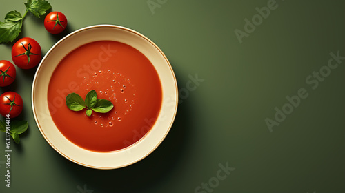 Top view vegetarian tomato soup with spices and ingredients on green background, food minimalism banner with copy space