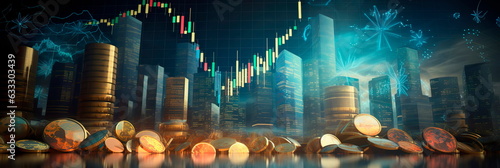 role of financial institutions in global trade, with stock market charts, currencies, and banking symbols conveying the monetary aspect of trade.