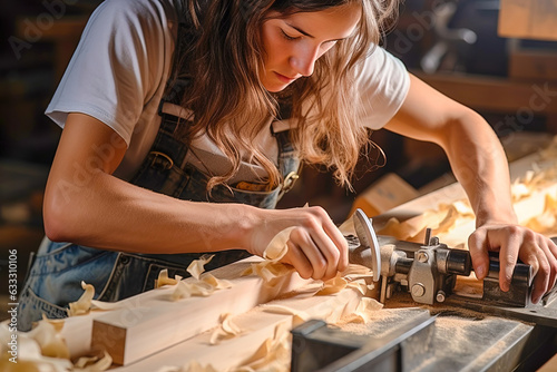 A carpenter girl on a workbench processes a wooden blank.