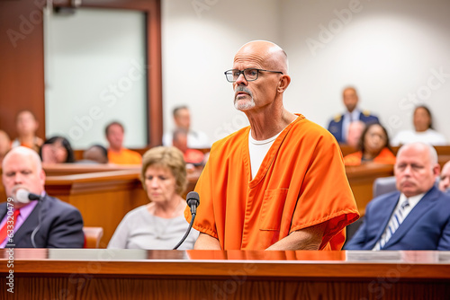A convict in an orange suit speaks in the courtroom.