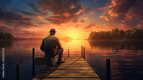 Fisherman patiently waiting on a dock, silhouetted against a picturesque sunset. The warm hues of the setting sun cast a golden glow on the water's surface. Generated by AI.