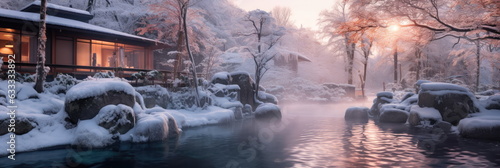 Onsen ryokan or a traditional classic modern Japanese house with Japanese garden in wintertime. Wide format. Generative AI. 