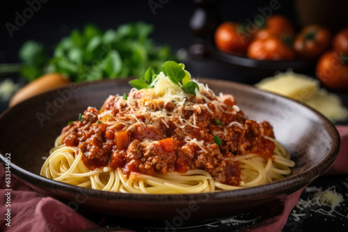 Spaghetti Bolognese in rustic bowl, topped with fresh herbs, grated Parmesan cheese; a mouth-watering close-up of homemade Italian comfort food.