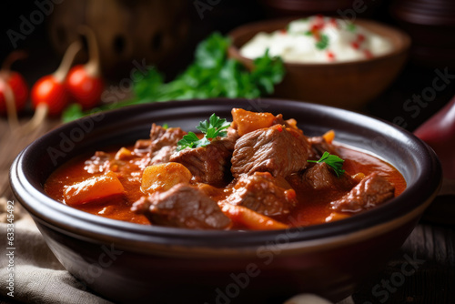 Hungarian goulash, a steamy bowl of tender beef stew, garnished with paprika and a sprig of fresh parsley.