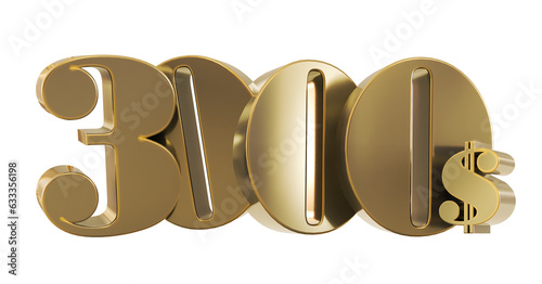 3D render of gold 3000 dollars isolated on transparent background, golden three thousand dollars