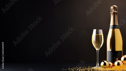 Champagne bottle with champaign cups wide banner with copy space for text. AI generative.