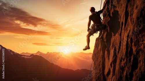 Rock climber in the evening a young man of Caucasian descent ascends a difficult route on an overhanging cliff. AI generative