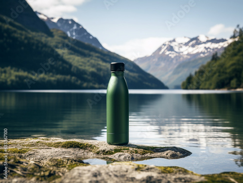 Thermo water bottle with a lake in the background, AI Generation