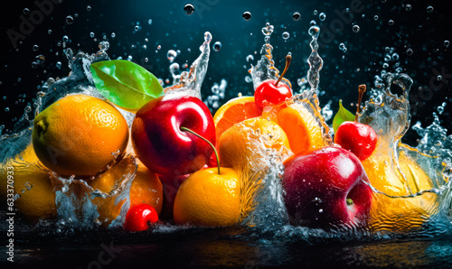 A group of fruit splashing into the water. Fruit splashing into water with vibrant colors and dynamic motion