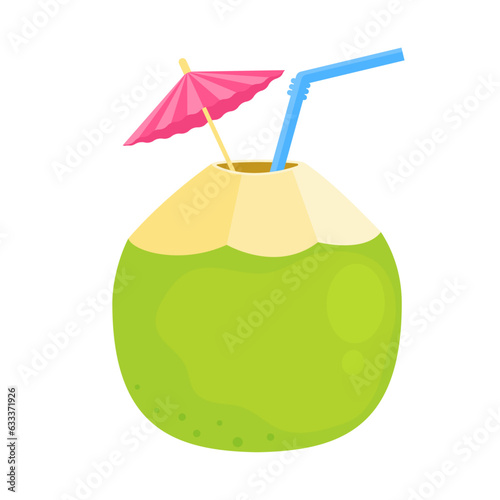 Green coconut with straw and umbrella isolated on white background. Young coconut water icon. Summer coconut cocktail. Vector illustration of tropical exotic fruits in flat style.