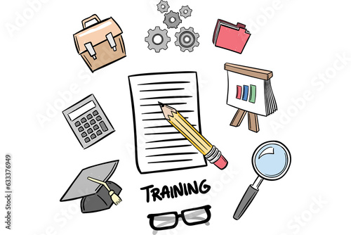 Digital png illustration of training text with icons on transparent background