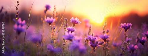 Art Wild flowers in a meadow at sunset. Macro image, shallow depth of field. Abstract august summer nature background