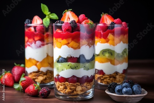 parfait glasses with layered fruit salad and yogurt