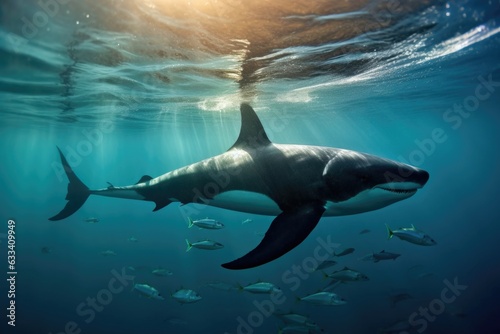 orcas dorsal fin through the water as it approaches a sealion