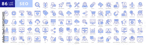 Seo Vector icon set. Search Engine Optimization Blue and White icon collection. With topics like business, search, target, ranking, optimization, content and keyword.