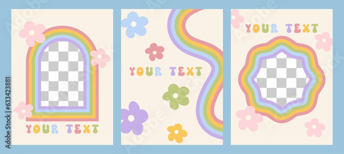 Set groovy post and story template. Cute retro backgrounds with rainbow colors. Social media frame for stories and posts with hippies aesthetic 60-70s. Minimalistic vintage vector art design